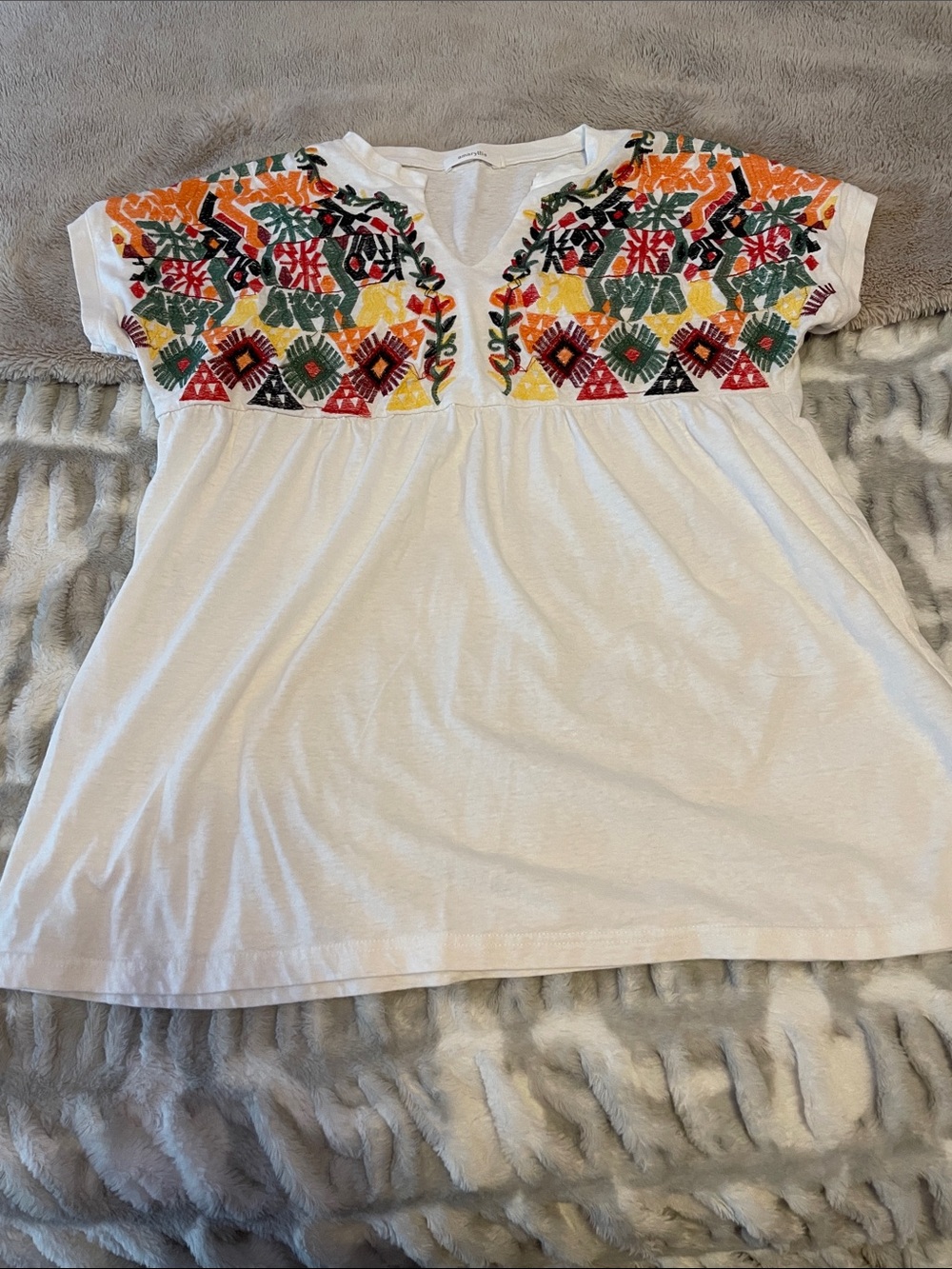 Amaryllis White Tunic Top with Colorful Embroidered Yoke
